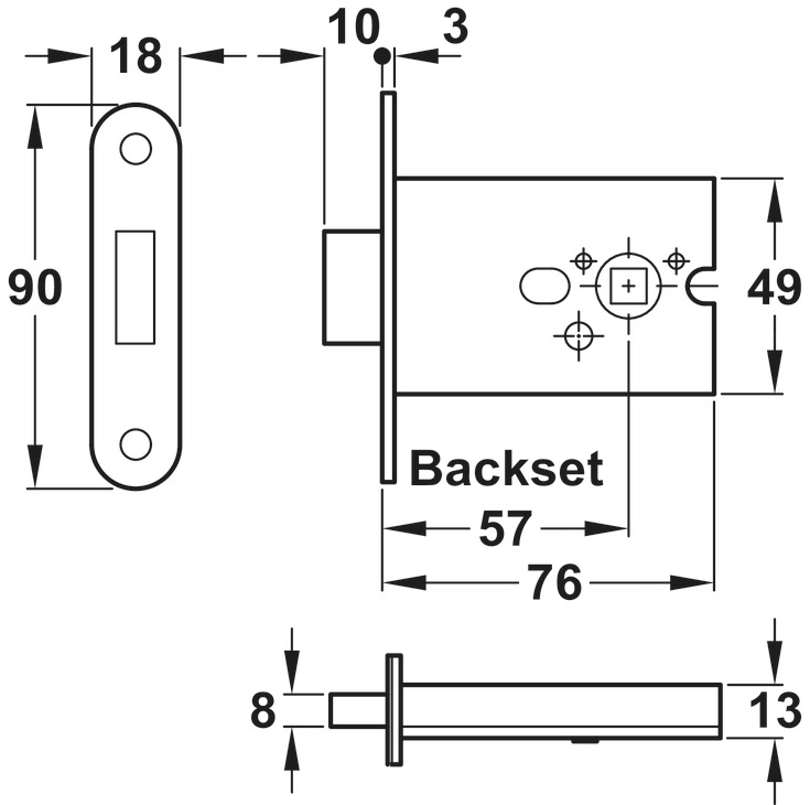 Mortice Toilet Cubicle Lock 57/76mm SSS - view 2